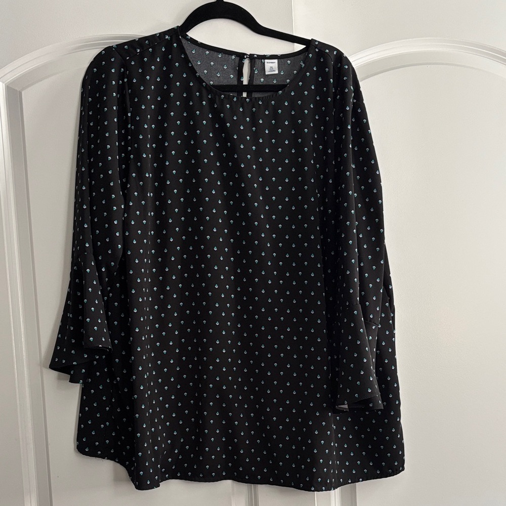 Old Navy Black Blouse with Teal Dot Print
